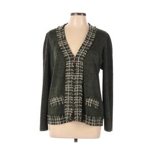 Exclusively Misook Large Green Fringe Tweed Boucle Zip Front Jacket Cardigan